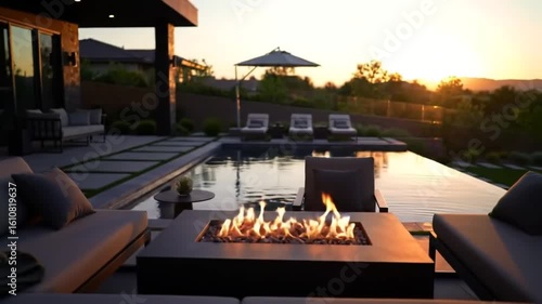 Luxurious Outdoor Living Featuring a Fire Pit and Infinity Pool at Sunset