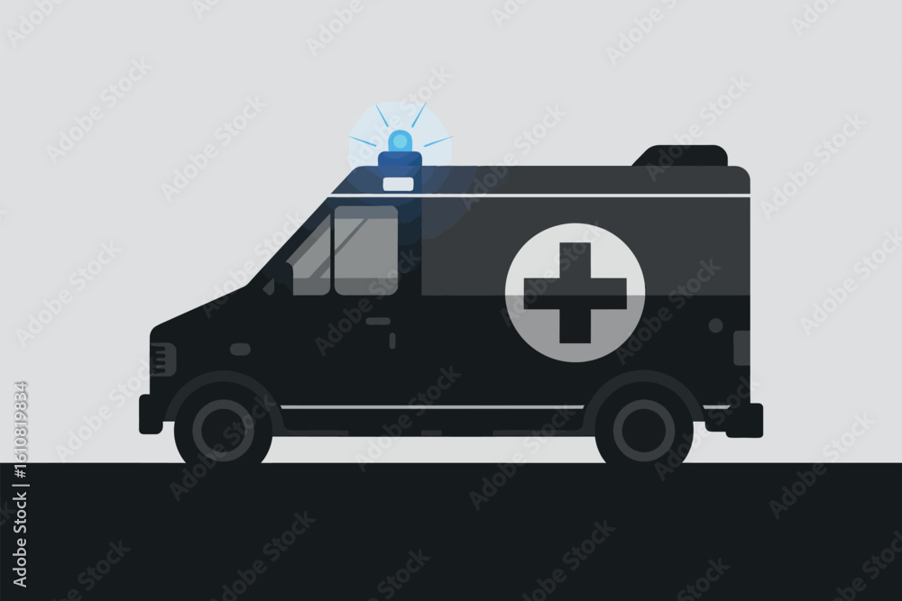 Fototapeta premium Modern black ambulance with blue flashing lights and medical cross
