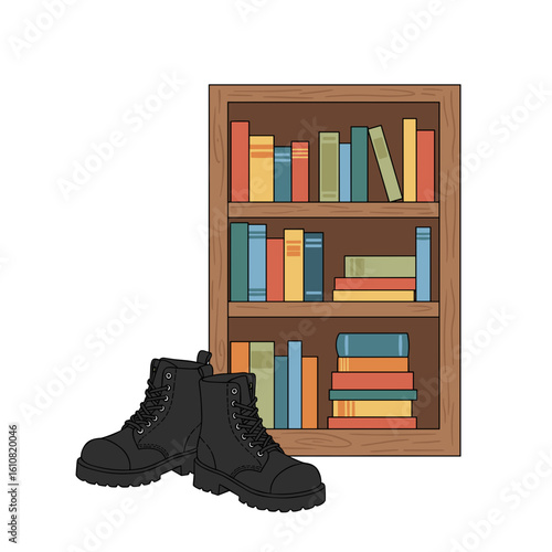 Black boots next to wooden bookshelf filled with colorful books  