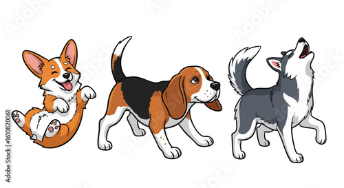 Illustration of three different dog breeds: a corgi rolling on its back, a beagle standing, and a husky howling.