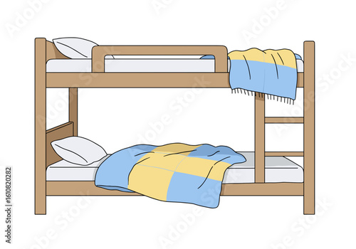 Wooden bunk bed with colorful blankets and pillows on white background  
