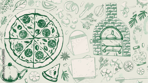 Overhead view of a pizza with toppings and ingredients arranged with a brick oven in a sketch style