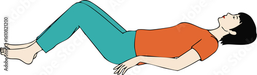 Woman practicing relaxation or meditation exercise lying on back with bent knees in calm pose vector illustration 