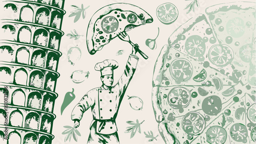 Illustration of the leaning tower of pisa with pizza and chef in green and white color palette art