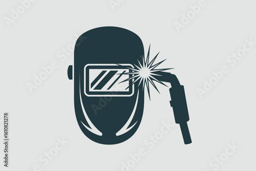 Welding mask with bright spark and torch icon