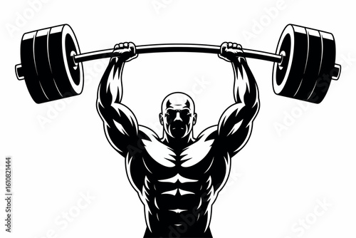 Muscular man lifting heavy barbell overhead in strength training