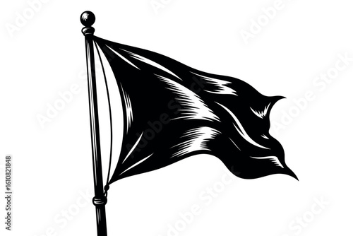 Black flag waving on a flagpole in a vintage illustration style