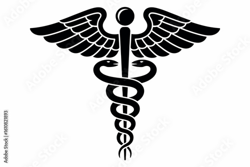Black caduceus medical symbol with wings and snakes