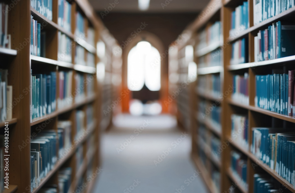 Fototapeta premium Blurred library background. Education, books, out of focus, abstract.