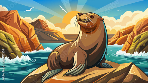 A sea lion basks on a sun-warmed rock near a crashing coastal tide, eyes closed in contentment