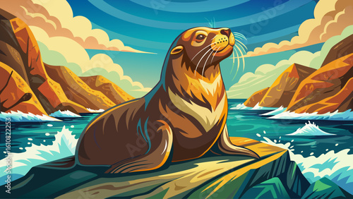 A sea lion basks on a sun-warmed rock near a crashing coastal tide, eyes closed in contentment
