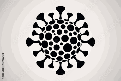 Stylized black and white illustration of a coronavirus particle