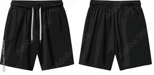 Black shorts duo with drawstring and elastic waistband—versatile sportswear vector illustration for fashion mockups, e-commerce, or athletic branding