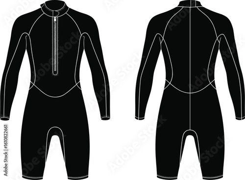 Black wetsuit mockup set—front and back view illustrations of long-sleeve short-leg design for surfwear branding and aquatic sports visuals