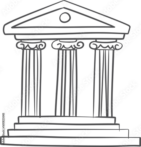 Classical temple vector with Ionic columns and triangular pediment—historical architecture line drawing for cultural branding and academic design use