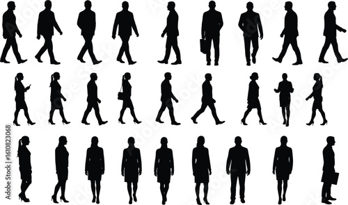 Business People Silhouettes, Office Workers Walking and Standing, Male Female Professionals in Formal Attire, Corporate Vector Icons for Workplace, Communication, Meeting, Mobility Scenes
