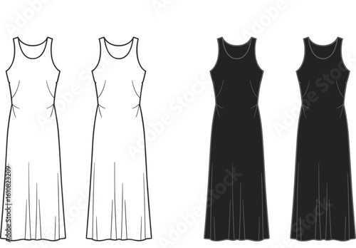 Long dress fashion mockup set with sleeveless design—white outlined and solid black variants for clothing branding, ecommerce visuals, and fashion design assets