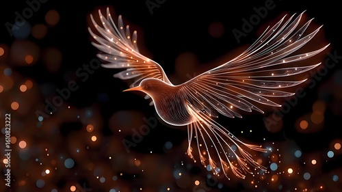 Graceful Transparent Bird in Flight with Golden Light Trails and Bokeh Background