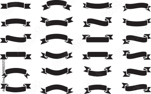Assorted Black Banner Graphics Featuring Various Styles and Shapes Suitable for Graphic Design and Creative Projects Embellishments