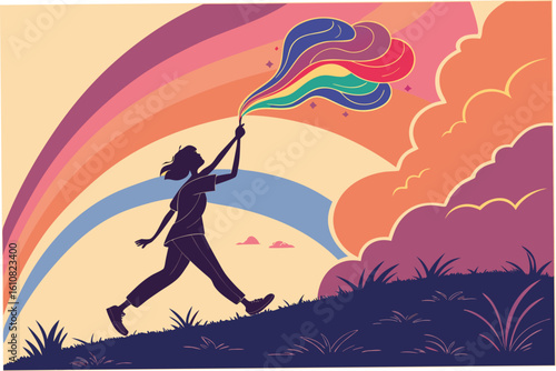 Vibrant abstract representation of a person with a colorful cloud symbolizing creativity and imagination at sunset