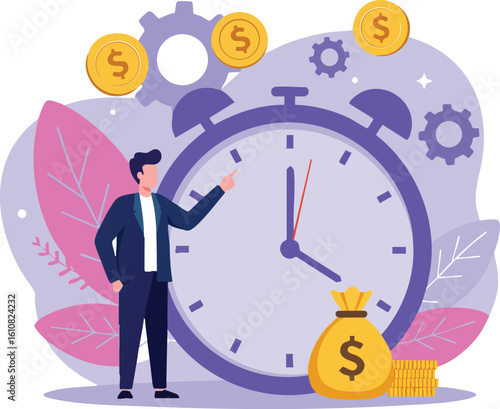 Businessman managing time and money with large clock and gold coins financial success concept vector illustration 