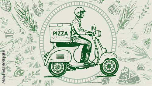 Illustration of a pizza delivery man on a scooter with pizza box in a circular floral background