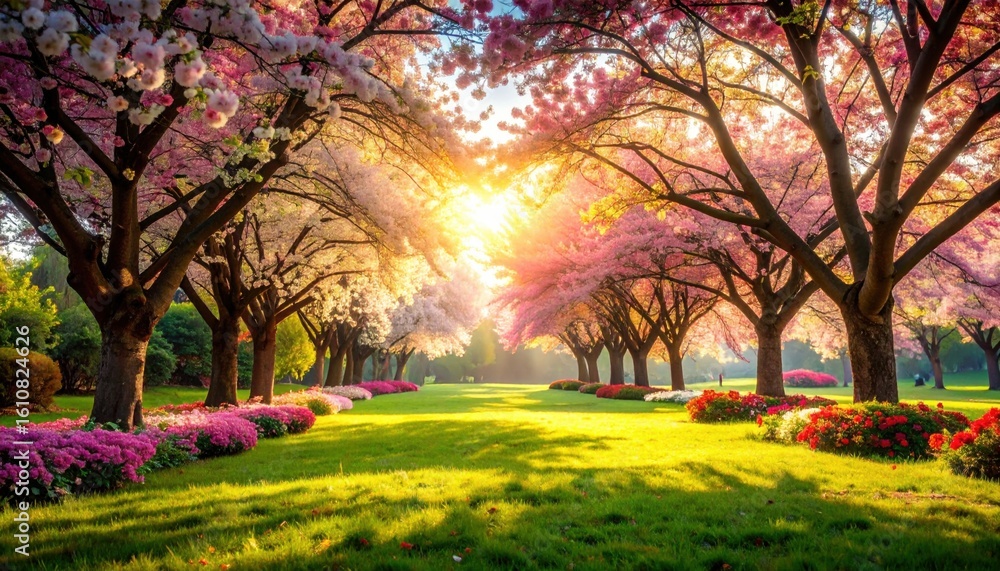 Fototapeta premium Blossoming cherry trees in vibrant spring park nature photography tranquil garden serene atmosphere scenic viewpoint