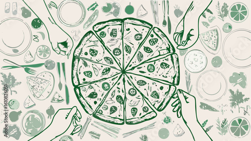 Overhead view of a pizza cut into slices surrounded by hands plates and various food ingredients