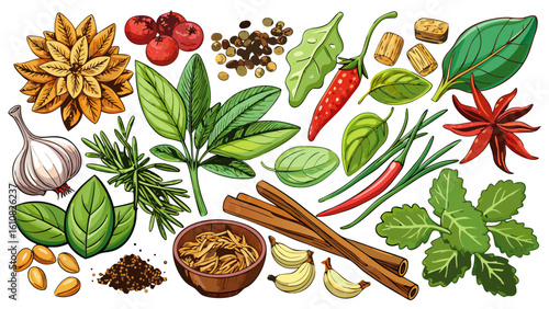 very Beautiful various herbs and spices white background 