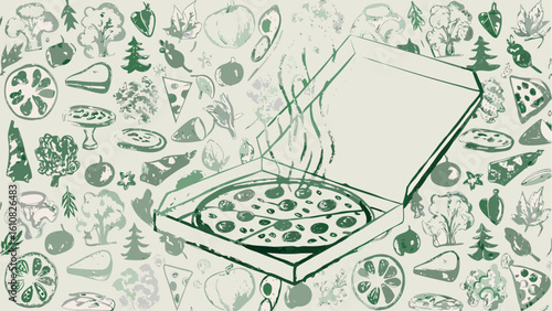 Illustration of a pizza in a box surrounded by vegetables and pizza slices in green and white tones