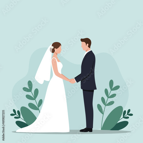 Bride and groom holding hands in wedding ceremony vector illustration with green leaves background 