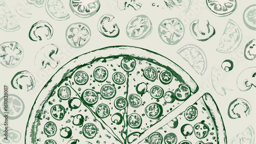 A pizza with tomato and mushroom toppings with slices and mushroom and tomato slices in the background