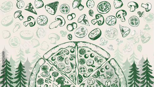 Hand drawn pizza with mushrooms and tomato slices in a forest illustration with a vintage style design