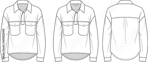 Button-up long sleeve shirt technical sketch, flap pocket blouse layout, pleated back view, cad drawing flat vector illustration, garment template Button-up long 
