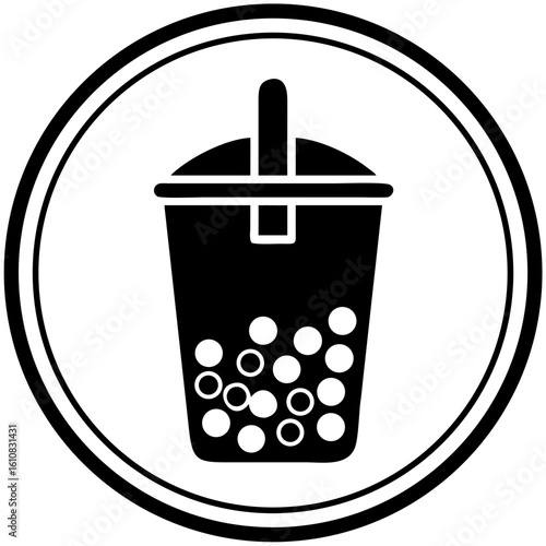 Bubble tea with tapioca in a cup with a straw on a circular design  