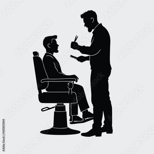 Barber cutting clients hair with scissors and comb haircut