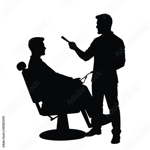 Barber cutting clients hair with scissors and comb haircut