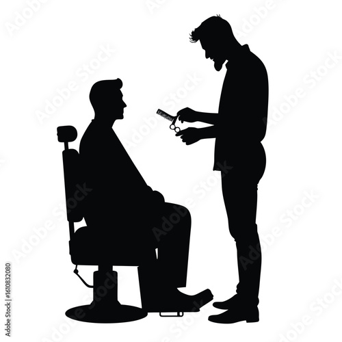 Barber cutting clients hair with scissors and comb haircut
