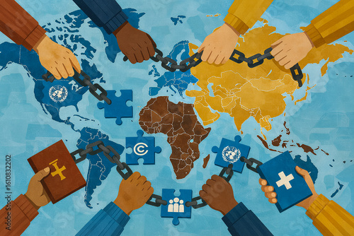 Global Unity Against Oppression: Diverse Hands Breaking Chains into UN Blue Puzzle Pieces - World Map of Collaborative Justice with Law, Medical & Shelter Symbols