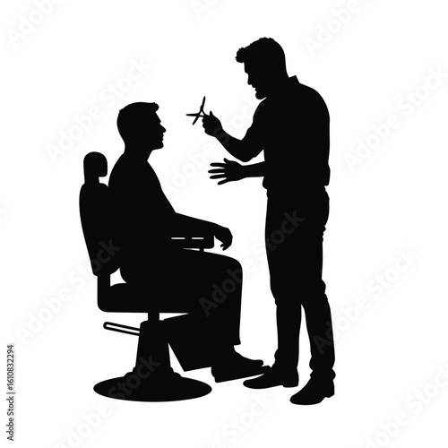 Barber cutting clients hair with scissors in chair haircut