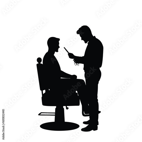 Barber cutting hair of client sitting in chair haircut