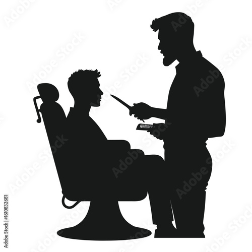 Barber cutting hair with scissors and comb haircut client