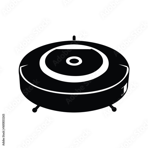 Monochrome Illustration of a Robotic Vacuum Cleaner on a White Background
