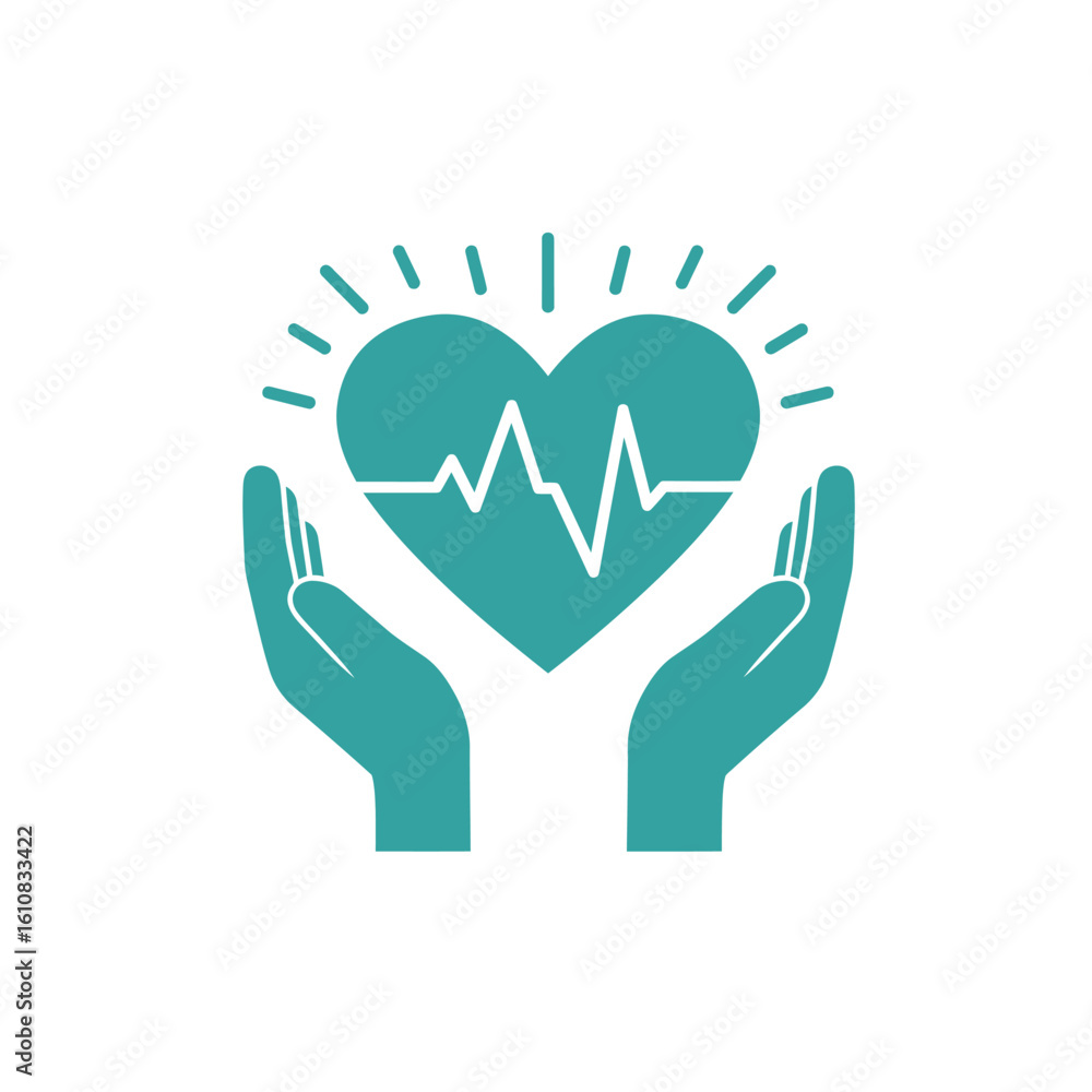 Obraz premium A minimalist teal graphic illustrates hands carefully holding a heart with a radiating heartbeat, symbolizing health, medical care, and well-being.