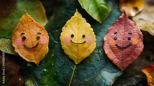 Adorable autumn leaves smiling sweetly on a rainy day
