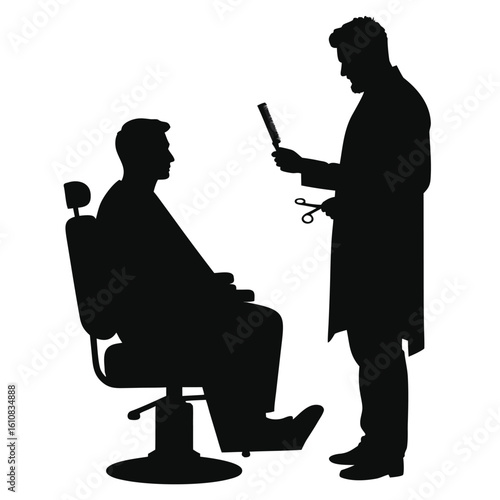 Barber cutting hair with scissors and comb haircut client
