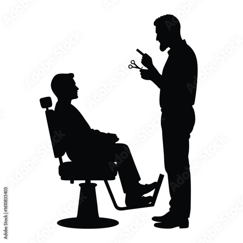 Barber cutting hair with scissors and comb haircut client