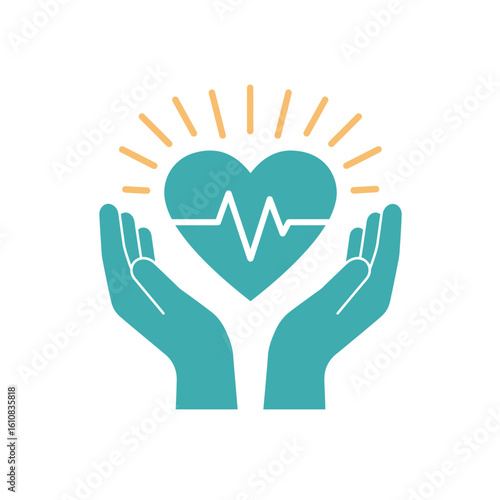Caring hands gently hold a glowing heart symbol with a cardiogram, representing health, wellness, and life support.