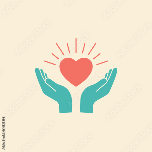 Two teal hands gently cradling a radiant red heart, symbolizing care, protection, and love; a minimalist vector illustration ideal for Valentine's Day, charity, or healthcare branding.