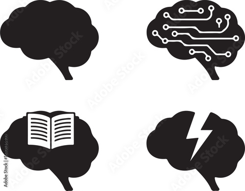 Brain icons with technology learning and lightning